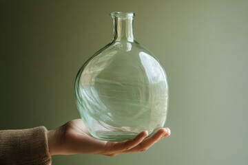 Hand holding a clear glass vase with a rounded shape against a neutral background