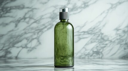 Clear green spray bottle on marble surface with foliage in the background