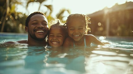A father and two daughters are in a swimming pool. The three of them are smiling and laughing happily under the bright sunshine.