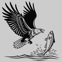 bird catching a fish silhouette vector design art and illustration