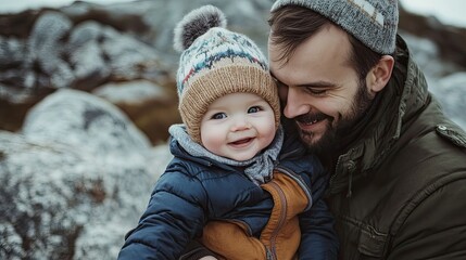 Fototapeta premium Photo of baby and father traveling, family, adventure, lifestyle, vacation, outdoor activities, fun, children, island, rocks, view