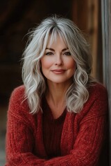 Fototapeta premium Confident Woman with Gray Hair in Cozy Red Sweater Posing Against Rustic Wooden Background