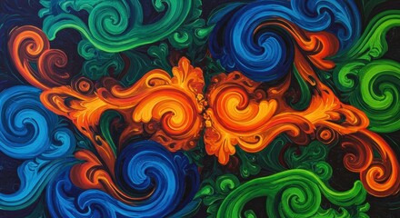 Abstract Swirls of Color: An mesmerizing abstract painting, featuring vibrant swirls of blue, green, and orange, creating a dynamic and visually captivating artwork.