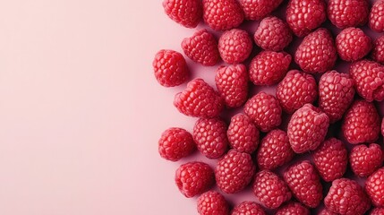 Fresh raspberries creatively arranged on a pastel pink background with modern lighting showcasing...