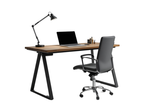 Office desk with lamp table isolated on transparent or white background