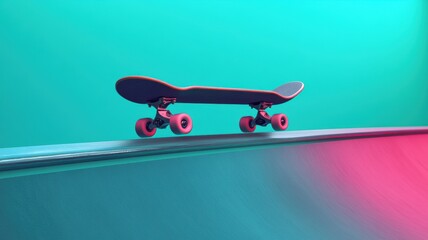 Skateboard performing a mid grind on a rail against vibrant gradient background