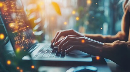 A person types on a laptop with glowing code on the screen.
