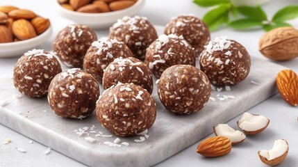 homemade candies with coconut flakes. gluten-free energy balls made of dates, nuts, and cocoa served on a marble platter with coconut flakes