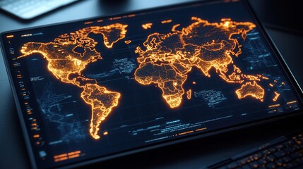 Futuristic holographic world map with luminous touchpoints and interactive overlays in modern design