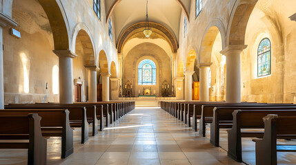 Fototapeta premium Grand Interior of Sunlit Stone Church with Large Windows and Light Play : Generative AI