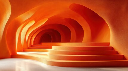 Obraz premium A vibrant orange interior with smooth, flowing shapes and steps.