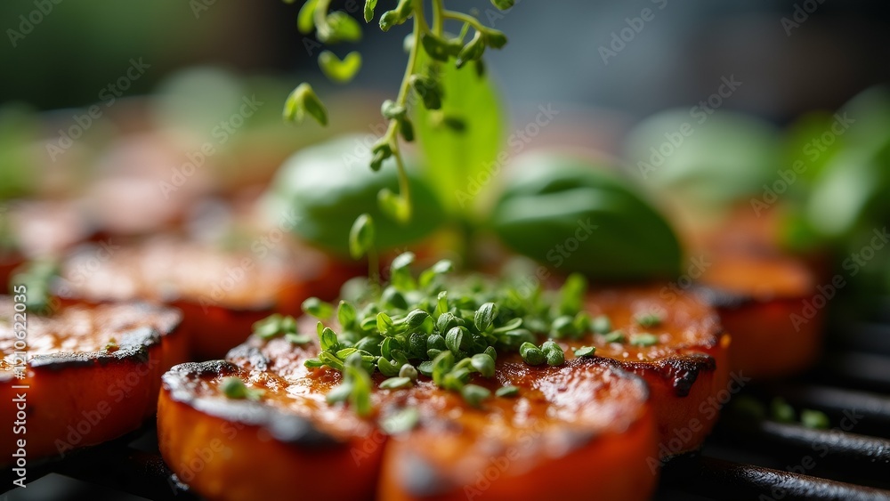 Poster the image shows a close-up of a grill with several slices of grilled tomatoes on it. the tomatoes ar