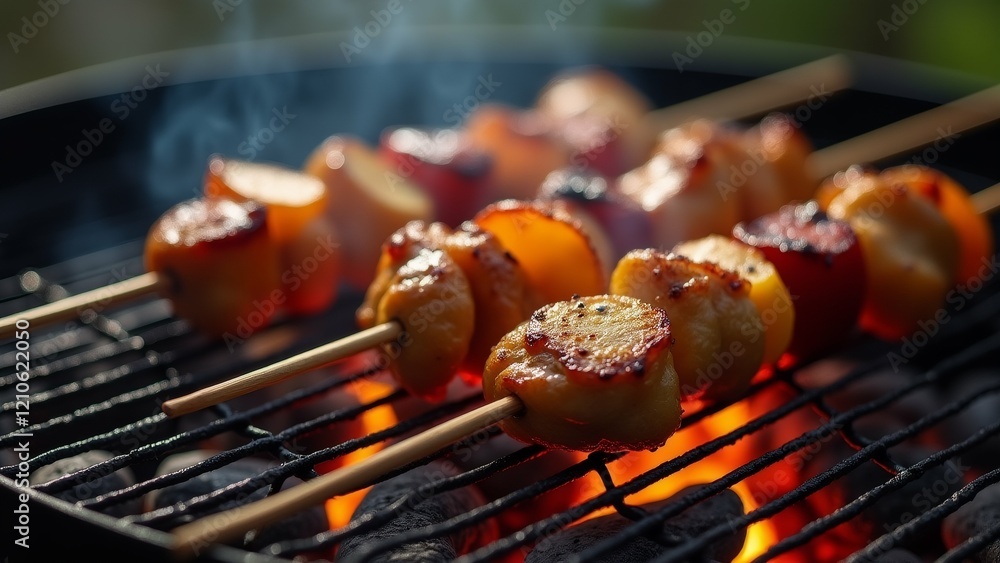 Aufkleber the image shows a close-up of a grill with several skewers of food on it. the skewers are arranged i