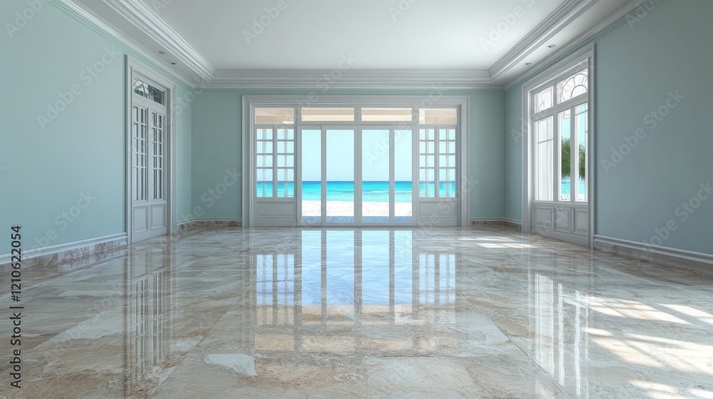 Poster a modern empty room featuring large windows with a panoramic ocean view