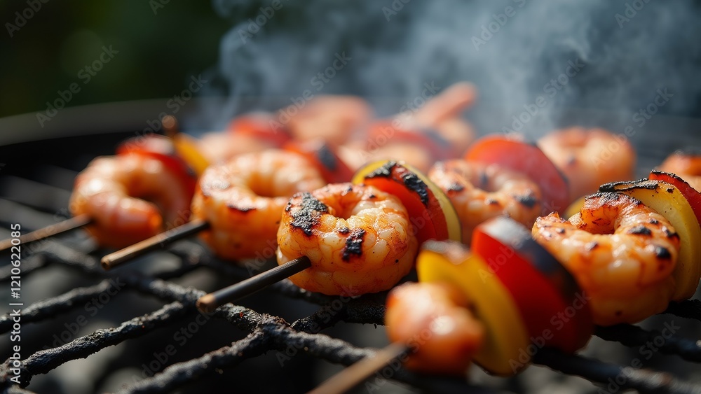 Poster the image shows a close-up of grilled shrimp and vegetables on skewers on a grill. the shrimp are pi