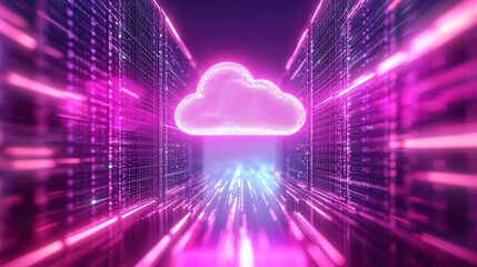 Massive cloud servers interconnected through 5G technology create a vibrant, futuristic digital environment with glowing data streams. cloud data storage, artificial intelligence