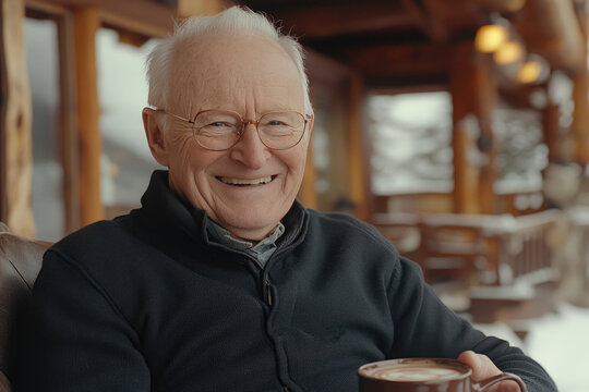 Elderly Man Enjoying Coffee on a Cozy Wooden Cabin Porch in Winter