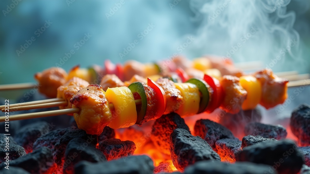 Poster the image shows a close-up of skewers of various vegetables on a grill. the skewers are made up of d