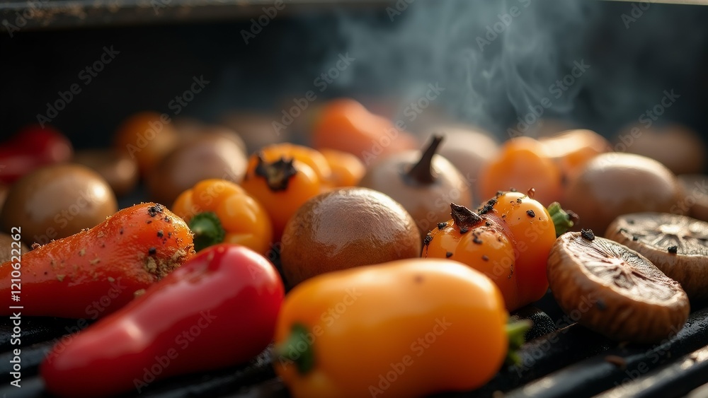 Poster the image shows a close-up of various types of vegetables cooking on a grill. there are several type