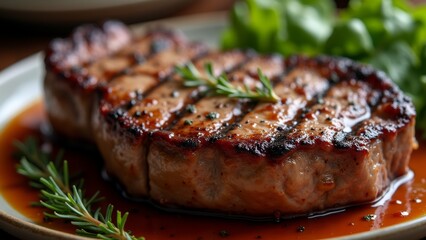 The image shows a close-up of a steak on a plate. The steak appears to be cooked medium-rare, with a golden brown crust on top.