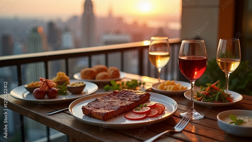 Poster the image shows a table set up on a balcony with a beautiful view of the city skyline in the backgro