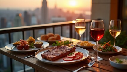 The image shows a table set up on a balcony with a beautiful view of the city skyline in the background. On the table, there are two glasses of red wine and a plate of food.