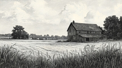 Vintage engraving of rural landscape with wheat fields, old barn, and farmhouse, evoking countryside tranquility.illustration