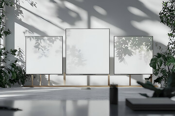 A mockup featuring three large screens placed on a modern background, designed for showcasing digital content.