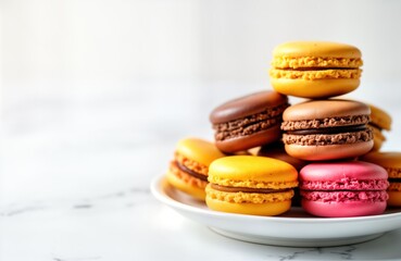 Fototapeta premium Assortment of colorful French macarons displayed on white plate. Sweet treats in various shades of yellow orange brown, pink. Close up view. Ideal for bakery shops dessert cafes food blogs. Perfect