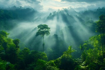 Sunbeams illuminating tropical rainforest canopy in the morning mist