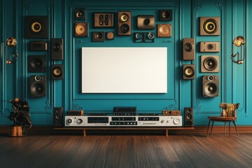 Fototapeta premium Stylish retro room showcasing vintage speakers and modern sound equipment against a teal wall