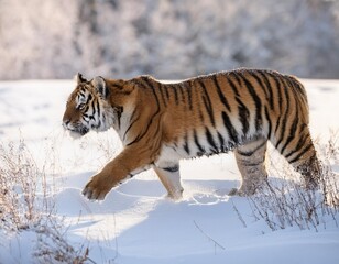 Obraz premium Majestic Tiger Roaming Through Wild Winter Nature: A Captivating Wildlife Scene