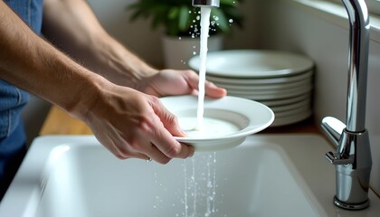 Hands are busy scrubbing a plate under flowing water, surrounded by soap bubbles. A stack of clean dishes is seen nearby in a well-lit kitchen setting.