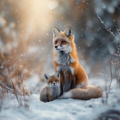 Majestic red foxes rest in the snowy forest as gentle flakes fall softly around them during a serene winter day. Generative AI