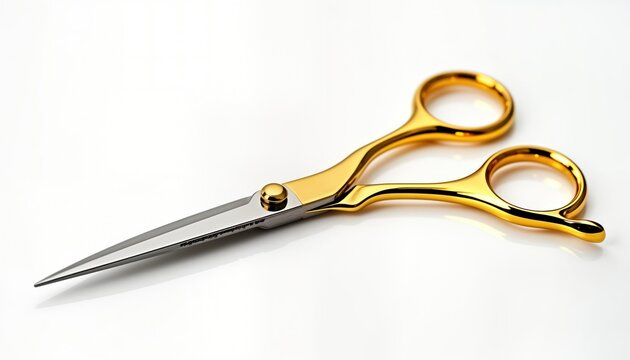 Pair of sharp metal scissors with golden handles. Tools for cutting hair fabric. High-quality equipment for professionals. Symmetrical design. Isolated object on white background. Elegant, precise