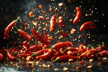 A close-up shot of red hot peppers being thrown or tossed in the air, possibly for a cooking or culinary demonstration