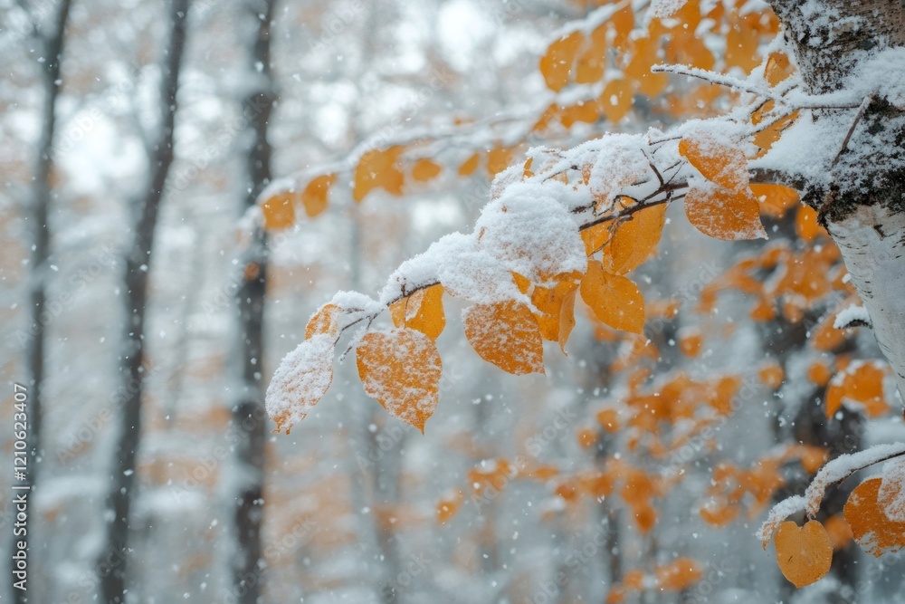 Wall mural Snow falling on golden leaves during the first snowfall of winter