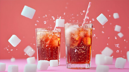 Unhealthy food concept with sugar in carbonated drinks and sugar cubes.illustration