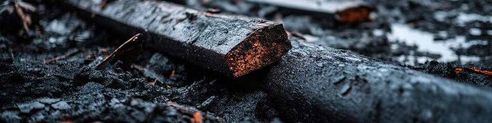 Charred Wood and Ash Remains After Fire