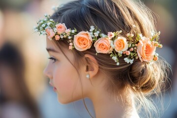 Naklejka premium Young bridesmaid wearing delicate peach rose flower crown