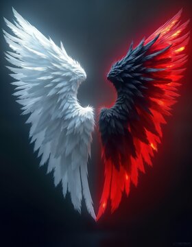 Powerful contrast of good, evil wings. White glowing angel wing, dark red, black demon wing. Intense visual concept art of good versus evil. Symbolic image for heaven, hell. Fantasy cinematic style,