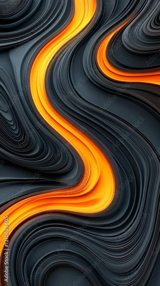 Poster abstract design featuring flowing black and orange patterns with a smooth, wavy texture that captiva