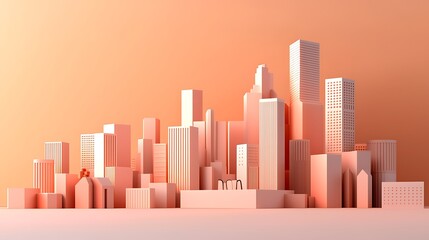 Plakat Peach-toned city skyline sunrise; urban development background