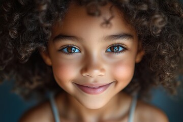 Fototapeta premium Portrait of a young girl with curly hair and bright blue eyes, smiling at the camera