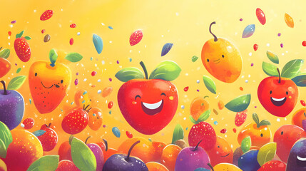 Vibrant fruit festival with fresh fruits and smiles.illustration
