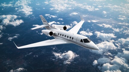 Obraz premium A high-flying jet soars through the sky above fluffy white clouds