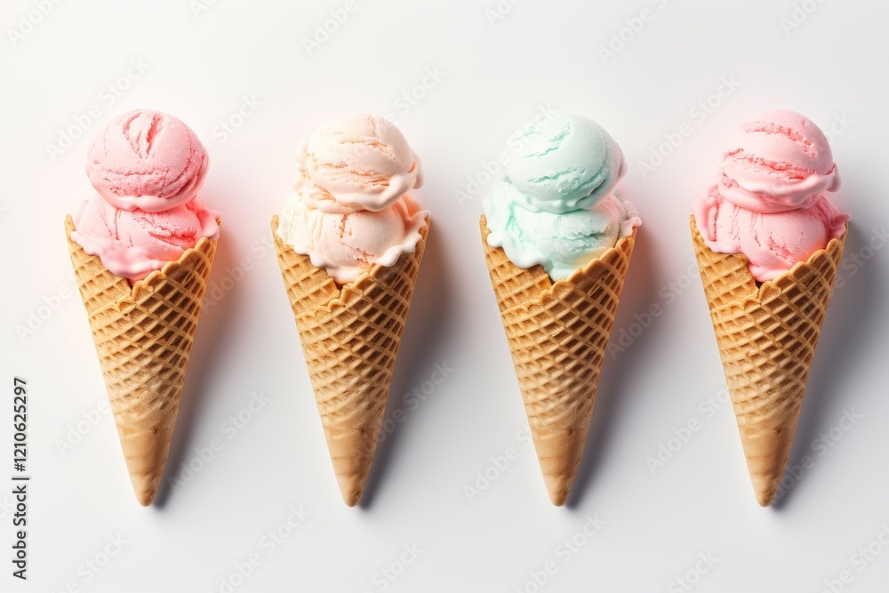 Poster colorful ice cream cones lined up on a crisp white surface in a delightful display. generative ai
