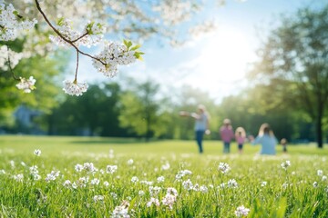 Families enjoying a sunny day in the park surrounded by blooming flowers and lush greenery in springtime