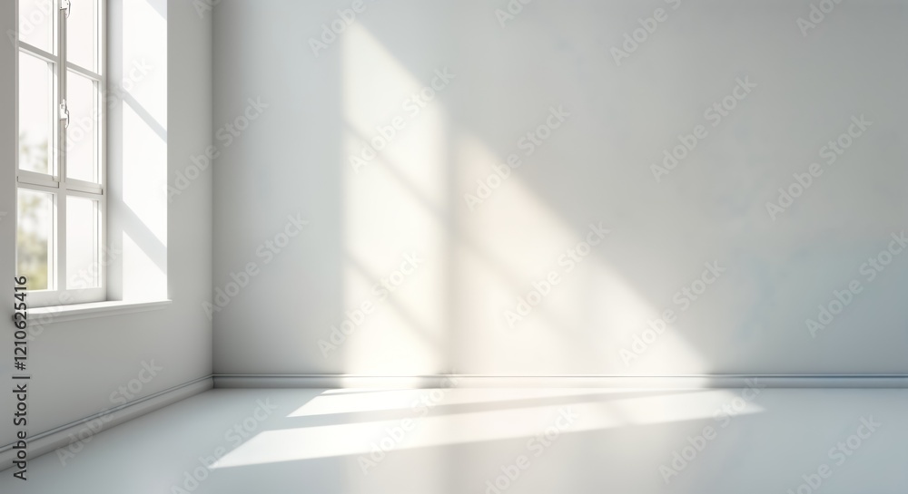Poster empty room with white walls, floor shows sunlight shadows. sunlight streams through window creating 
