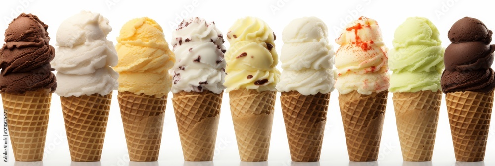 Poster delicious array of colorful ice cream cones lined up in a tempting display. generative ai